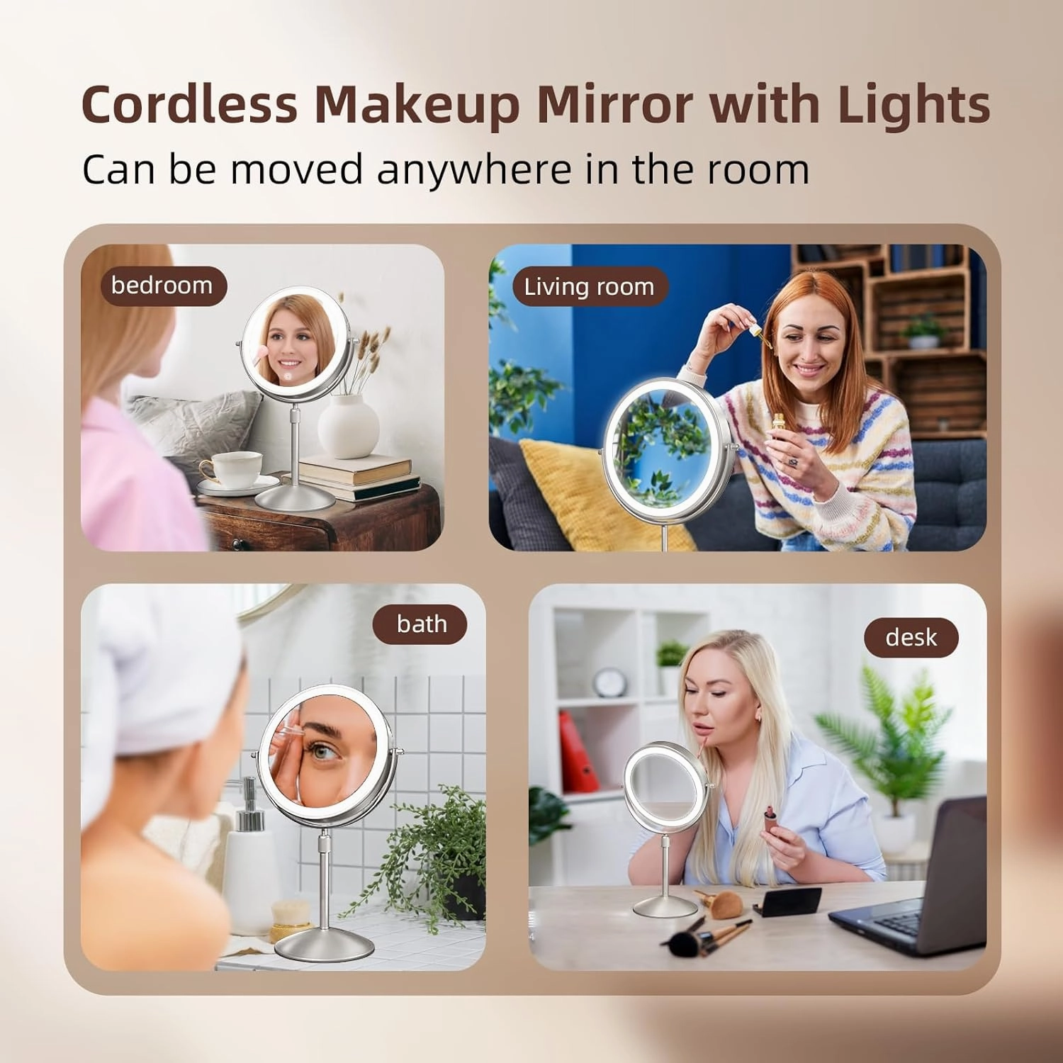 Omobolanle 7" Lighted Makeup Mirror, 10X Magnifying With Light, 360 Rotation Double Sided, 3 Color Lights, Adjustable Brightness & Height, Rechargeable LED Light Up, Nickel