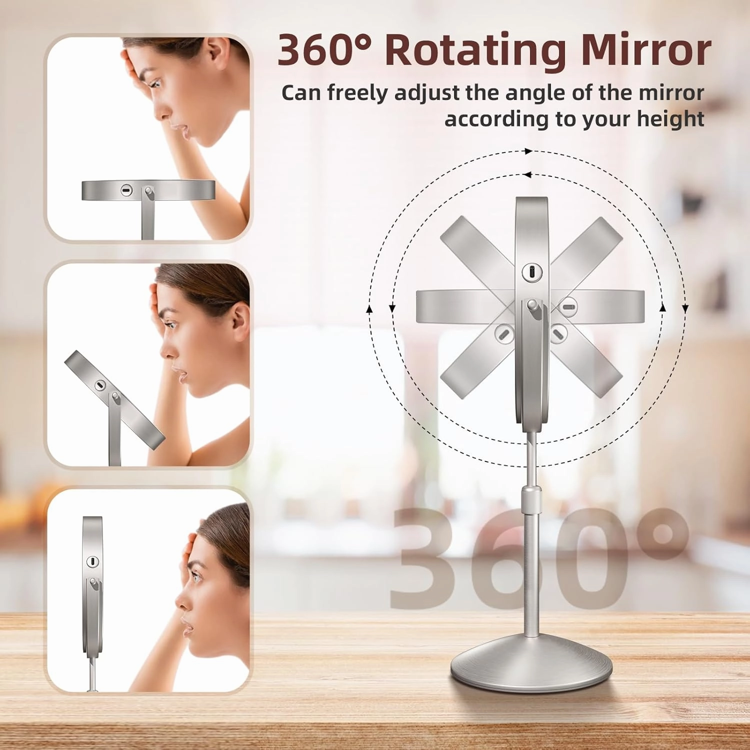 Omobolanle 7" Lighted Makeup Mirror, 10X Magnifying With Light, 360 Rotation Double Sided, 3 Color Lights, Adjustable Brightness & Height, Rechargeable LED Light Up, Nickel