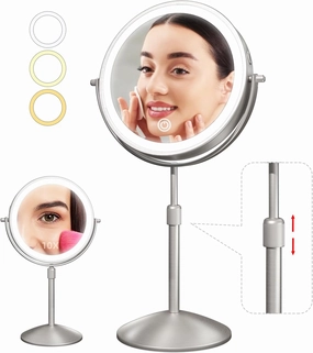 Omobolanle 7" Lighted Makeup Mirror, 10X Magnifying With Light, 360 Rotation Double Sided, 3 Color Lights, Adjustable Brightness & Height, Rechargeable LED Light Up, Nickel