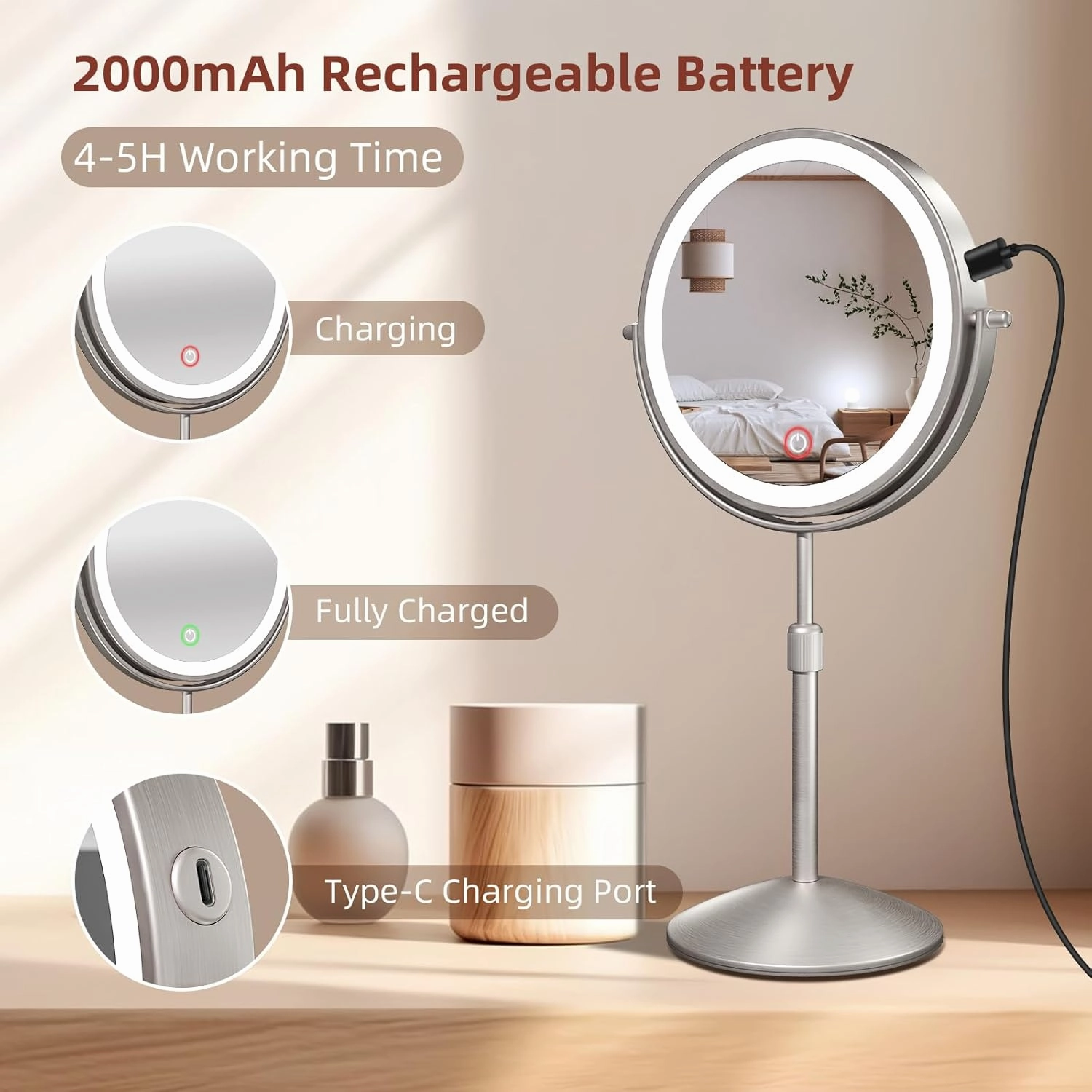 Omobolanle 7" Lighted Makeup Mirror, 10X Magnifying With Light, 360 Rotation Double Sided, 3 Color Lights, Adjustable Brightness & Height, Rechargeable LED Light Up, Nickel