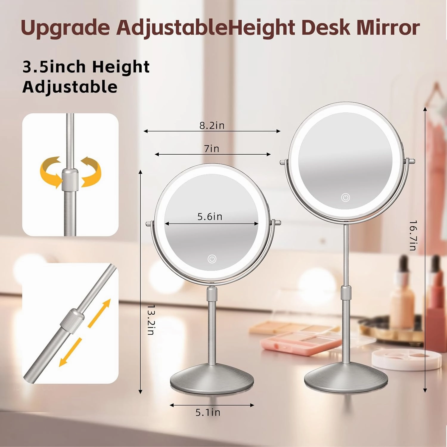 Omobolanle 7" Lighted Makeup Mirror, 10X Magnifying With Light, 360 Rotation Double Sided, 3 Color Lights, Adjustable Brightness & Height, Rechargeable LED Light Up, Nickel