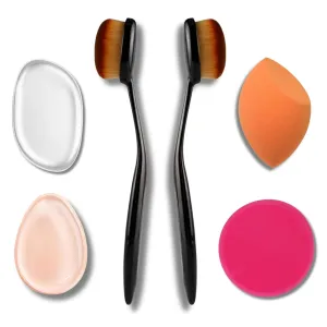 OUT OF BOX Silicone Makeup Blender and Brush Combo - Includes 1 Silicone Blending Puff, 1 2-in-1 Silicone Puff, 2 Oval Blush Brushes, 1 Blender, and 1 Round Big Puff (Combo Of 6), Black
