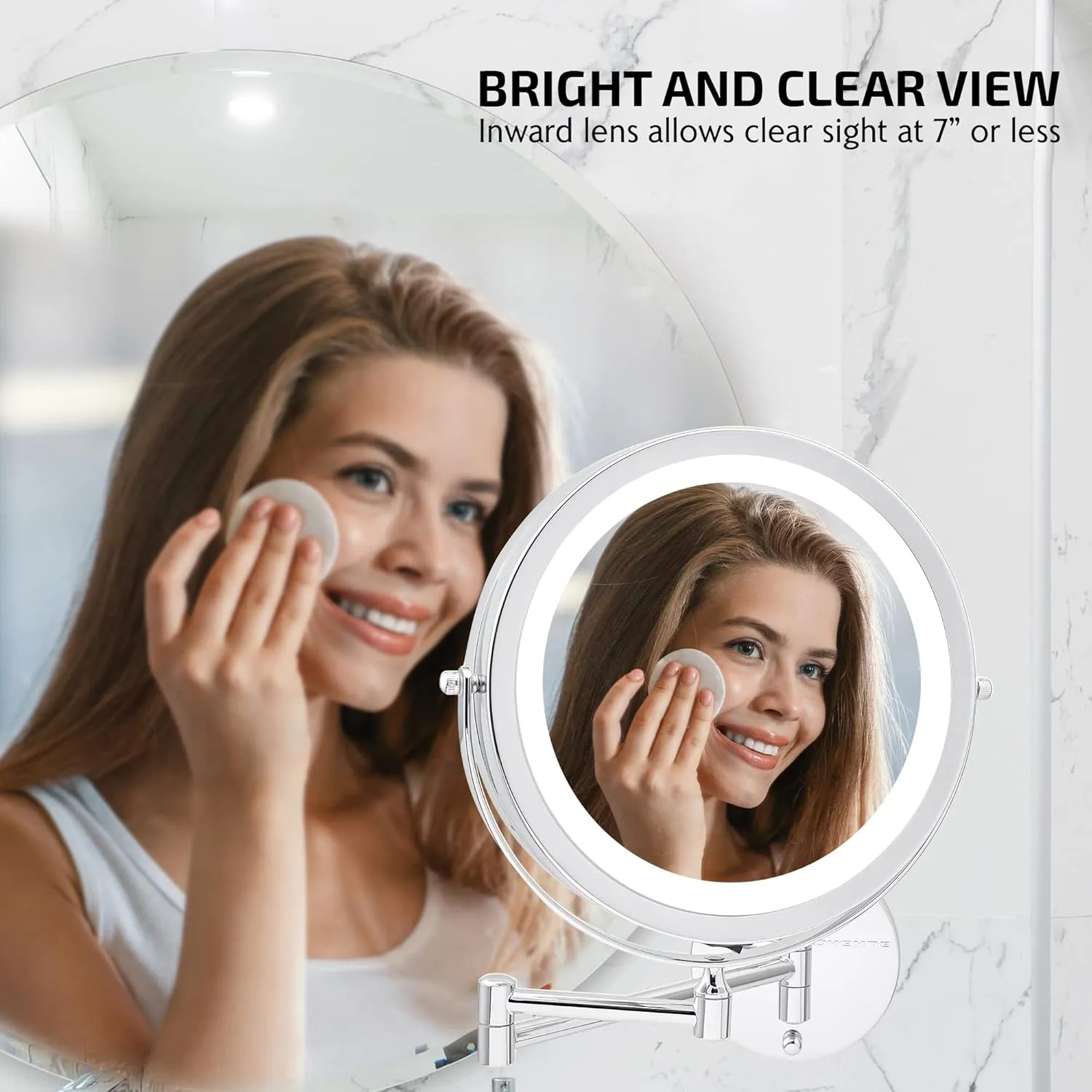 OVENTE 9" Lighted Wall Mount Makeup Mirror with 1X/7X Magnification, Cordless Double Sided Magnifying Round Vanity Mirror, 360° Swivel Design, Extendable and Folding Arm, Polished Chrome MFW85CH1X7X