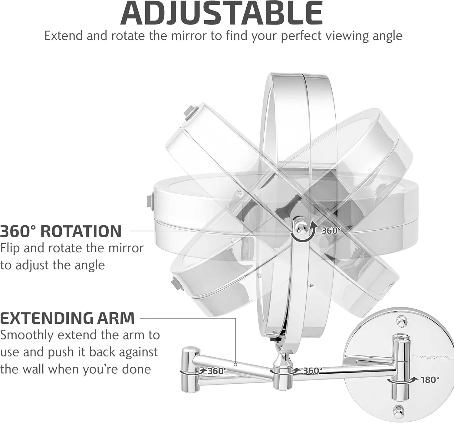 OVENTE 9" Lighted Wall Mount Makeup Mirror with 1X/7X Magnification, Cordless Double Sided Magnifying Round Vanity Mirror, 360° Swivel Design, Extendable and Folding Arm, Polished Chrome MFW85CH1X7X