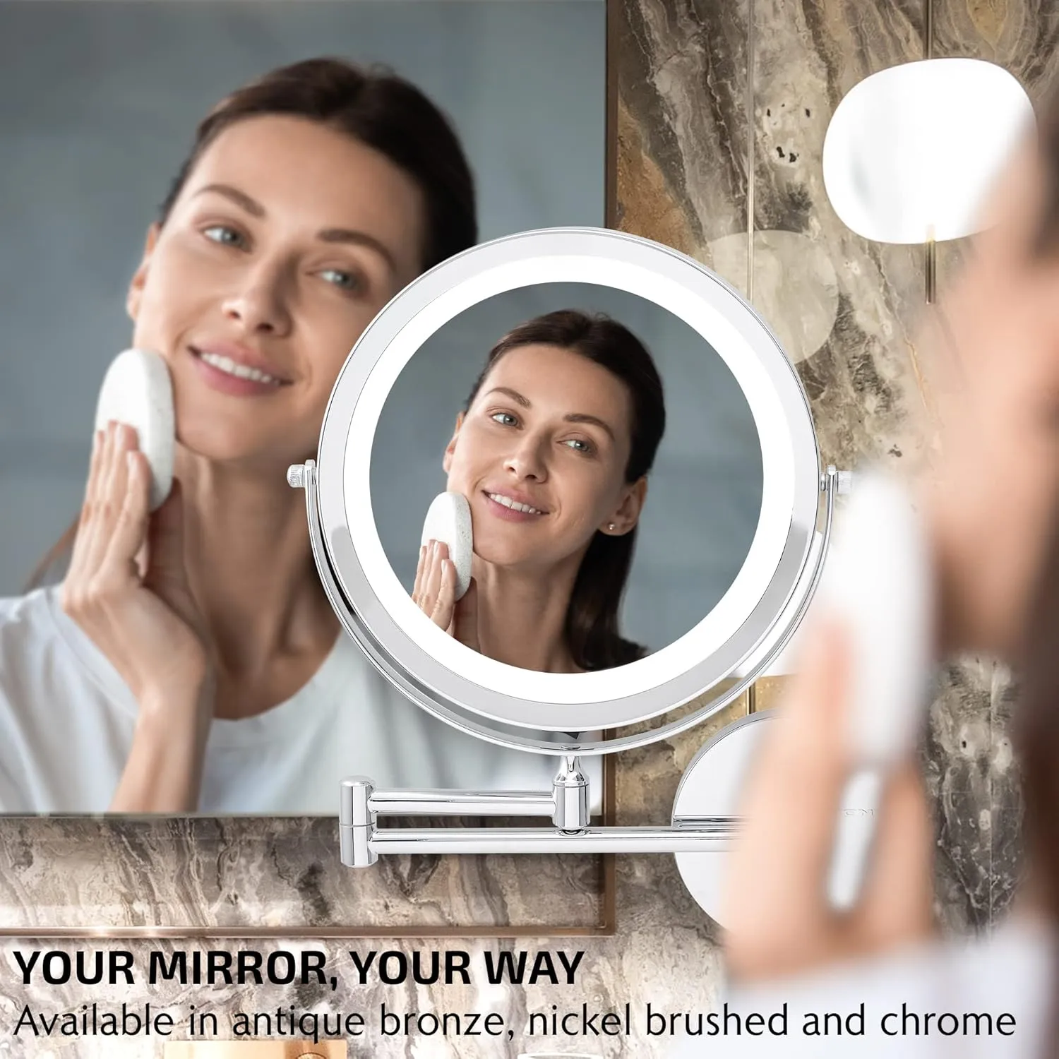 OVENTE 9" Lighted Wall Mount Makeup Mirror with 1X/7X Magnification, Cordless Double Sided Magnifying Round Vanity Mirror, 360° Swivel Design, Extendable and Folding Arm, Polished Chrome MFW85CH1X7X