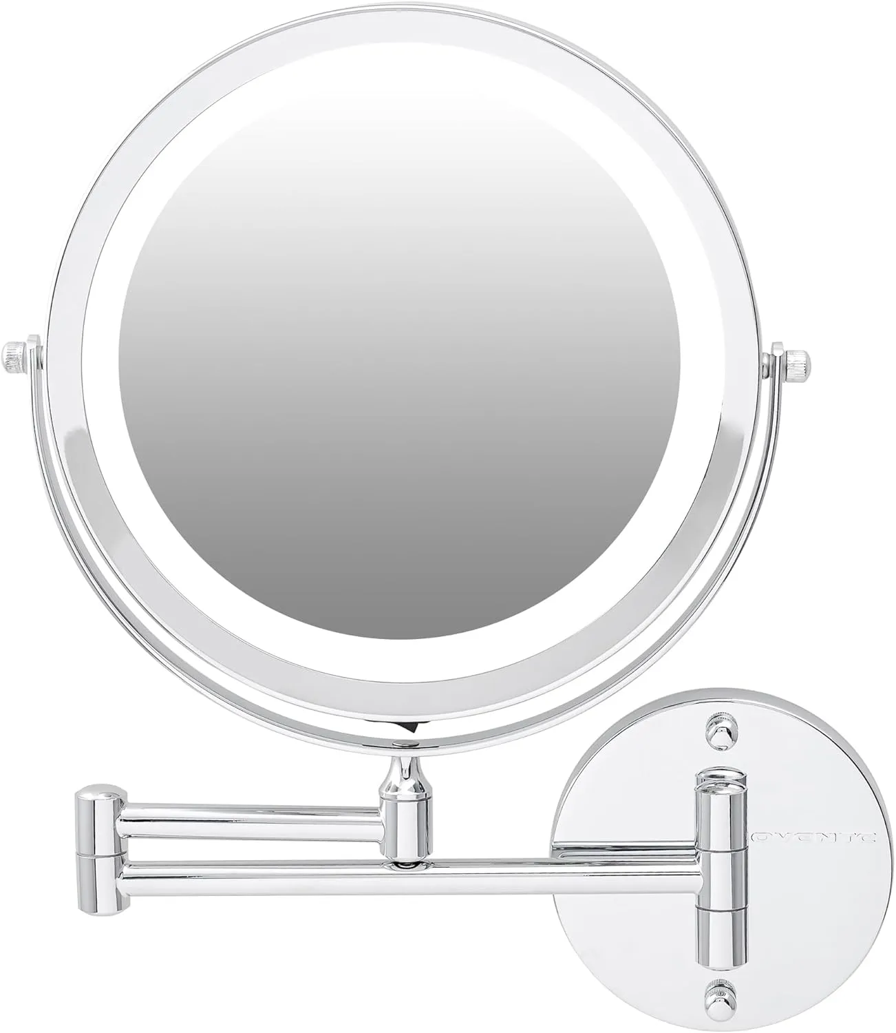 OVENTE 9" Lighted Wall Mount Makeup Mirror with 1X/7X Magnification, Cordless Double Sided Magnifying Round Vanity Mirror, 360° Swivel Design, Extendable and Folding Arm, Polished Chrome MFW85CH1X7X