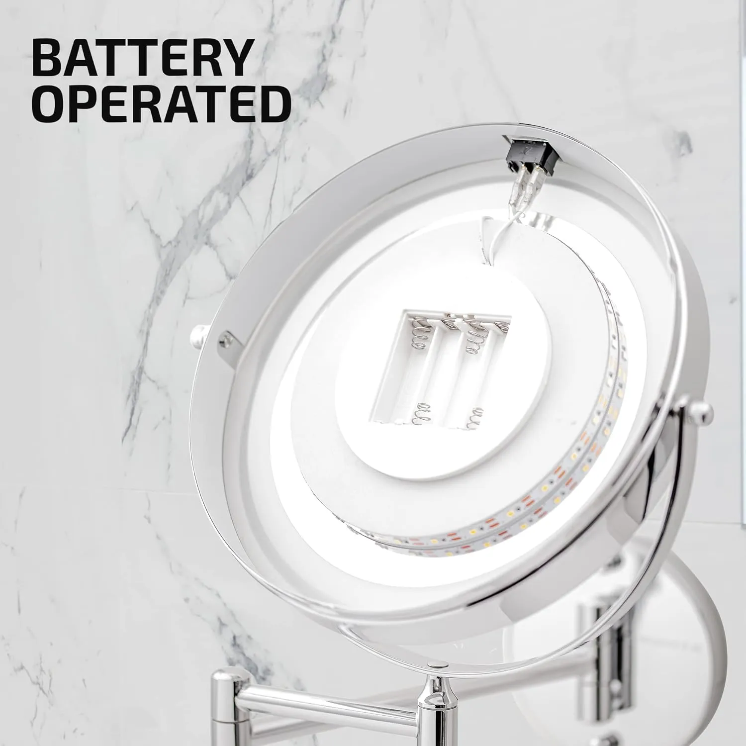 OVENTE 9" Lighted Wall Mount Makeup Mirror with 1X/7X Magnification, Cordless Double Sided Magnifying Round Vanity Mirror, 360° Swivel Design, Extendable and Folding Arm, Polished Chrome MFW85CH1X7X