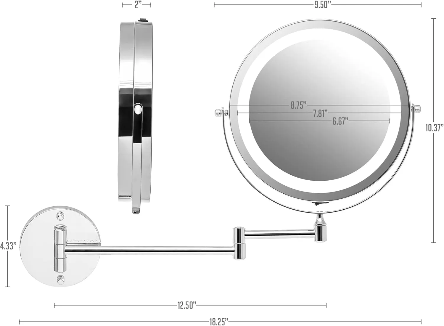 OVENTE 9" Lighted Wall Mount Makeup Mirror with 1X/7X Magnification, Cordless Double Sided Magnifying Round Vanity Mirror, 360° Swivel Design, Extendable and Folding Arm, Polished Chrome MFW85CH1X7X
