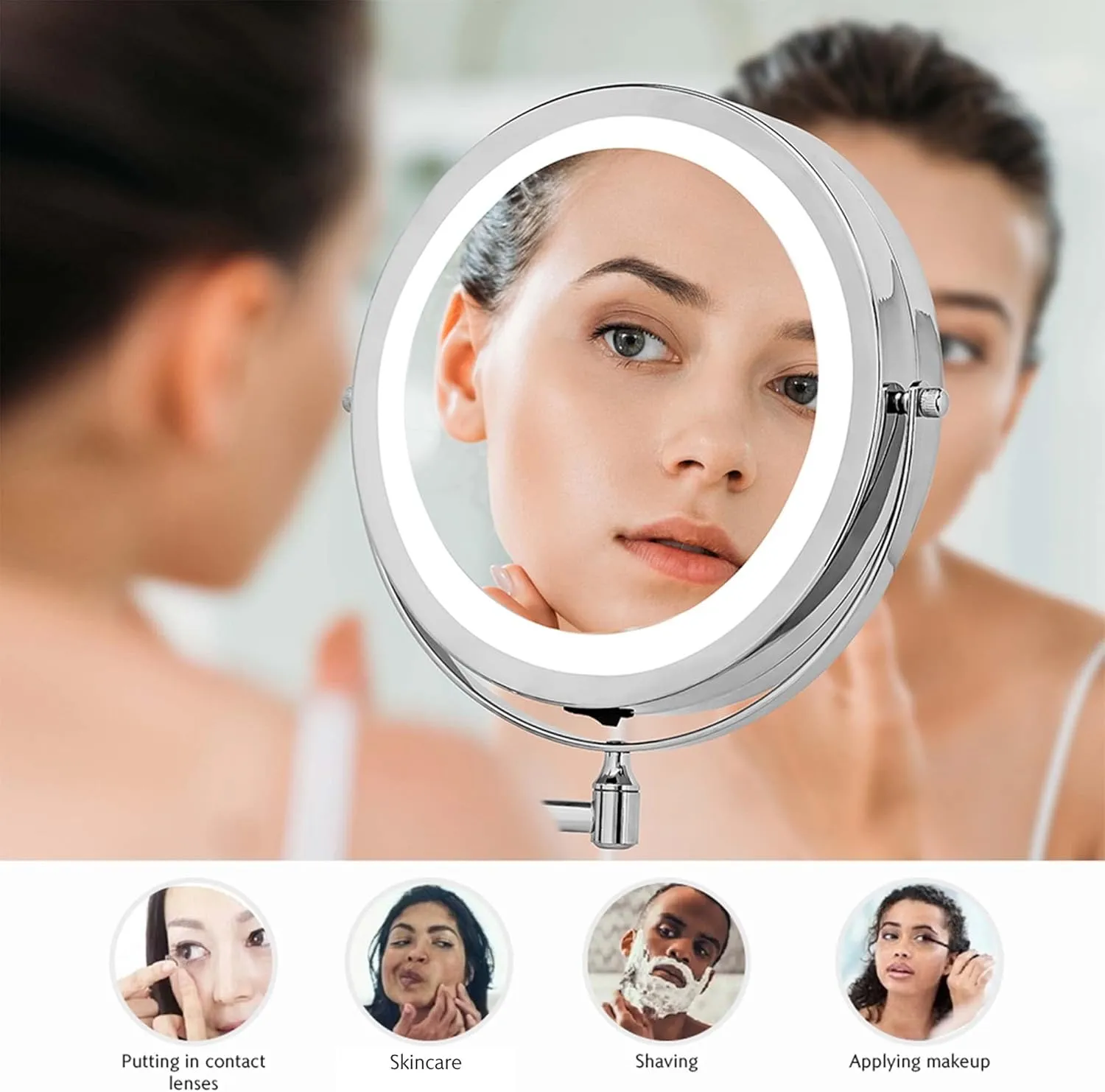 OVENTE 9" Lighted Wall Mount Makeup Mirror with 1X/7X Magnification, Cordless Double Sided Magnifying Round Vanity Mirror, 360° Swivel Design, Extendable and Folding Arm, Polished Chrome MFW85CH1X7X