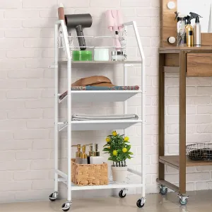 OYEAL Hair Tool Organizer White Makeup Organizer Cart with Wheels, 4 Tier Rolling Bathroom Storage Cart Floor Skincare Organizer for Towels, Makeup, Brush, Hair Tools