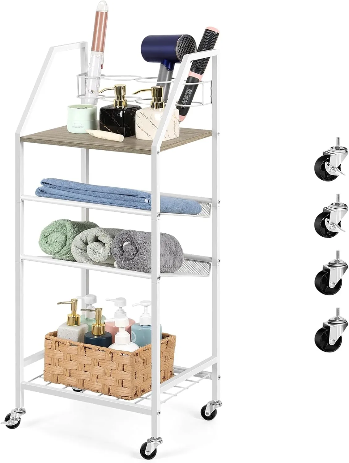 OYEAL Hair Tool Organizer White Makeup Organizer Cart with Wheels, 4 Tier Rolling Bathroom Storage Cart Floor Skincare Organizer for Towels, Makeup, Brush, Hair Tools