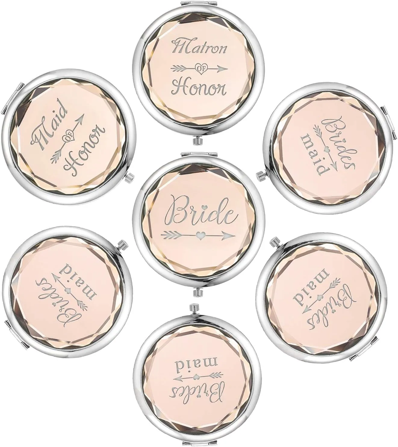 Pack of 7 Compact Pocket Makeup Mirrors Set Include 1 Bride Mirror 1 Maid of Honor Mirror 1 Matron of Honor Mirror and 4 Bridesmaid Mirrors Wedding Bridesmaid Proposal Gifts (Champagne)
