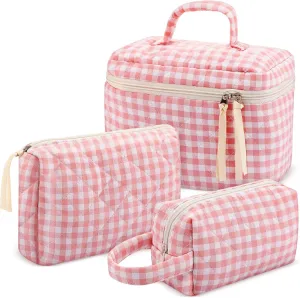 Paterr 3 Pieces Cotton Quilted Makeup Bag Set Coquette Cosmetic Bag Aesthetic Travel Toiletry pouch Cute Pouch Kawaii Aesthetic for Women(Pink,Pink Plaid)