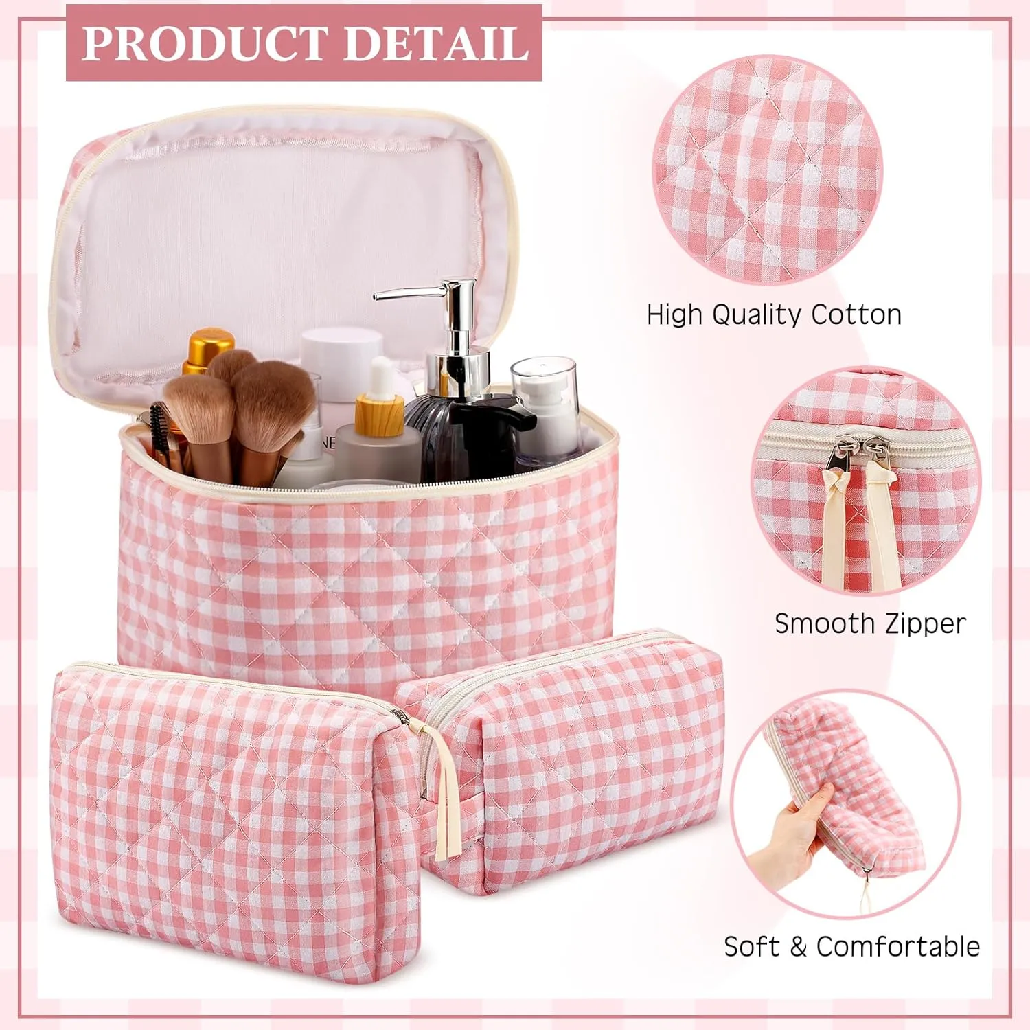 Paterr 3 Pieces Cotton Quilted Makeup Bag Set Coquette Cosmetic Bag Aesthetic Travel Toiletry pouch Cute Pouch Kawaii Aesthetic for Women(Pink,Pink Plaid)