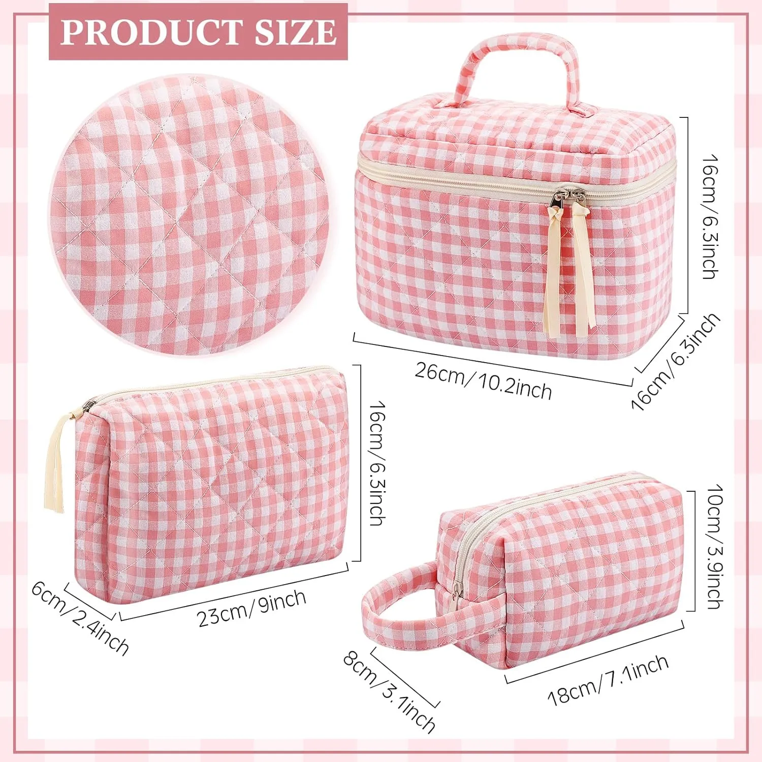 Paterr 3 Pieces Cotton Quilted Makeup Bag Set Coquette Cosmetic Bag Aesthetic Travel Toiletry pouch Cute Pouch Kawaii Aesthetic for Women(Pink,Pink Plaid)