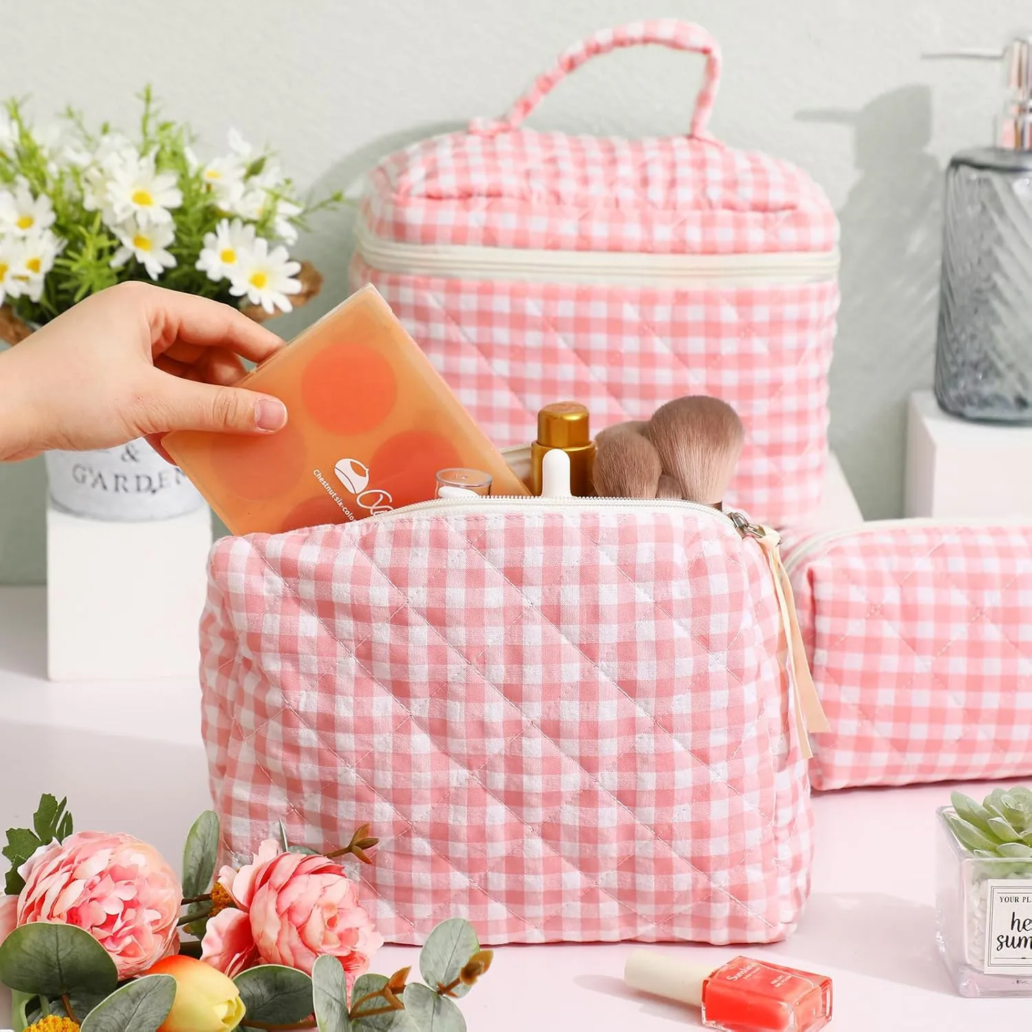Paterr 3 Pieces Cotton Quilted Makeup Bag Set Coquette Cosmetic Bag Aesthetic Travel Toiletry pouch Cute Pouch Kawaii Aesthetic for Women(Pink,Pink Plaid)