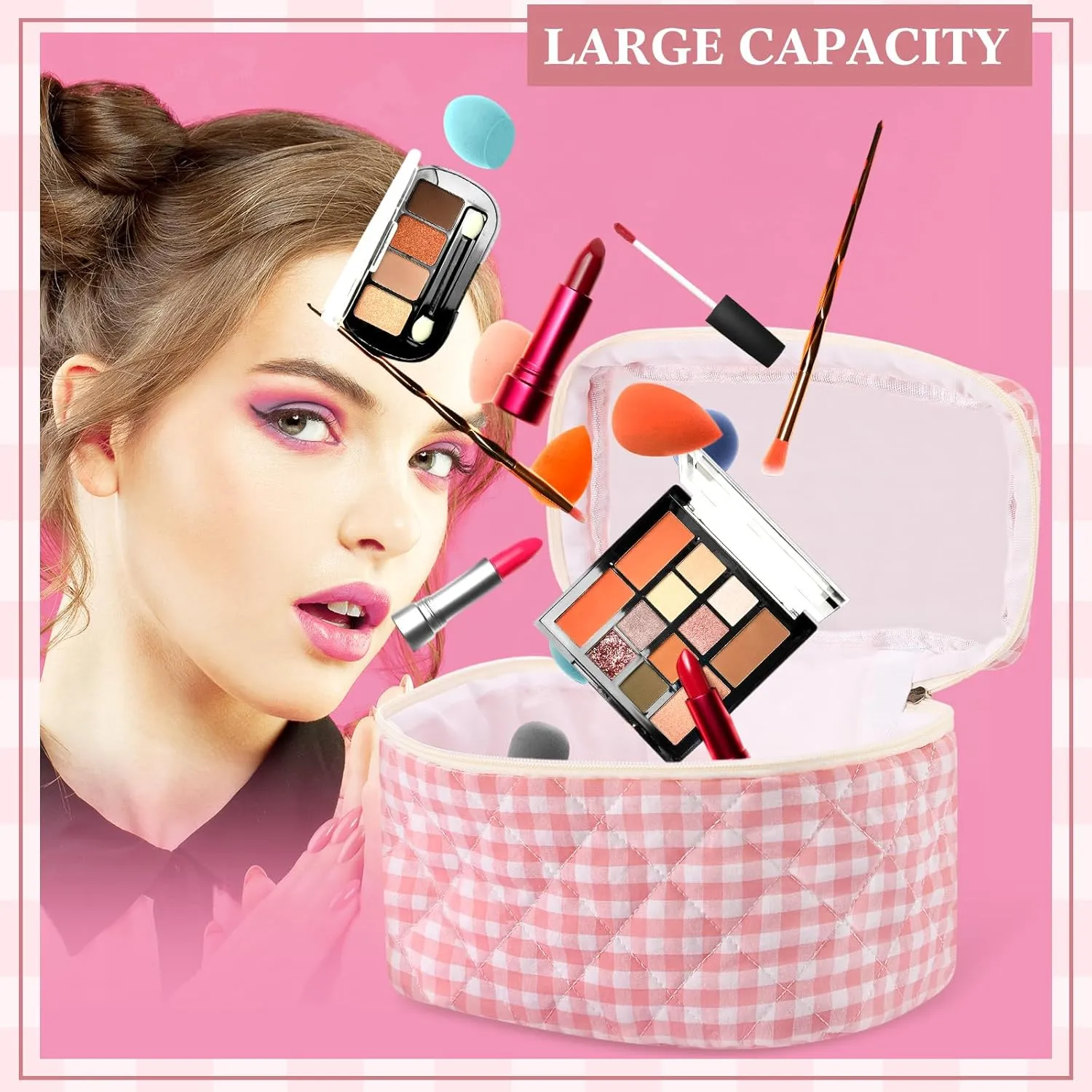 Paterr 3 Pieces Cotton Quilted Makeup Bag Set Coquette Cosmetic Bag Aesthetic Travel Toiletry pouch Cute Pouch Kawaii Aesthetic for Women(Pink,Pink Plaid)