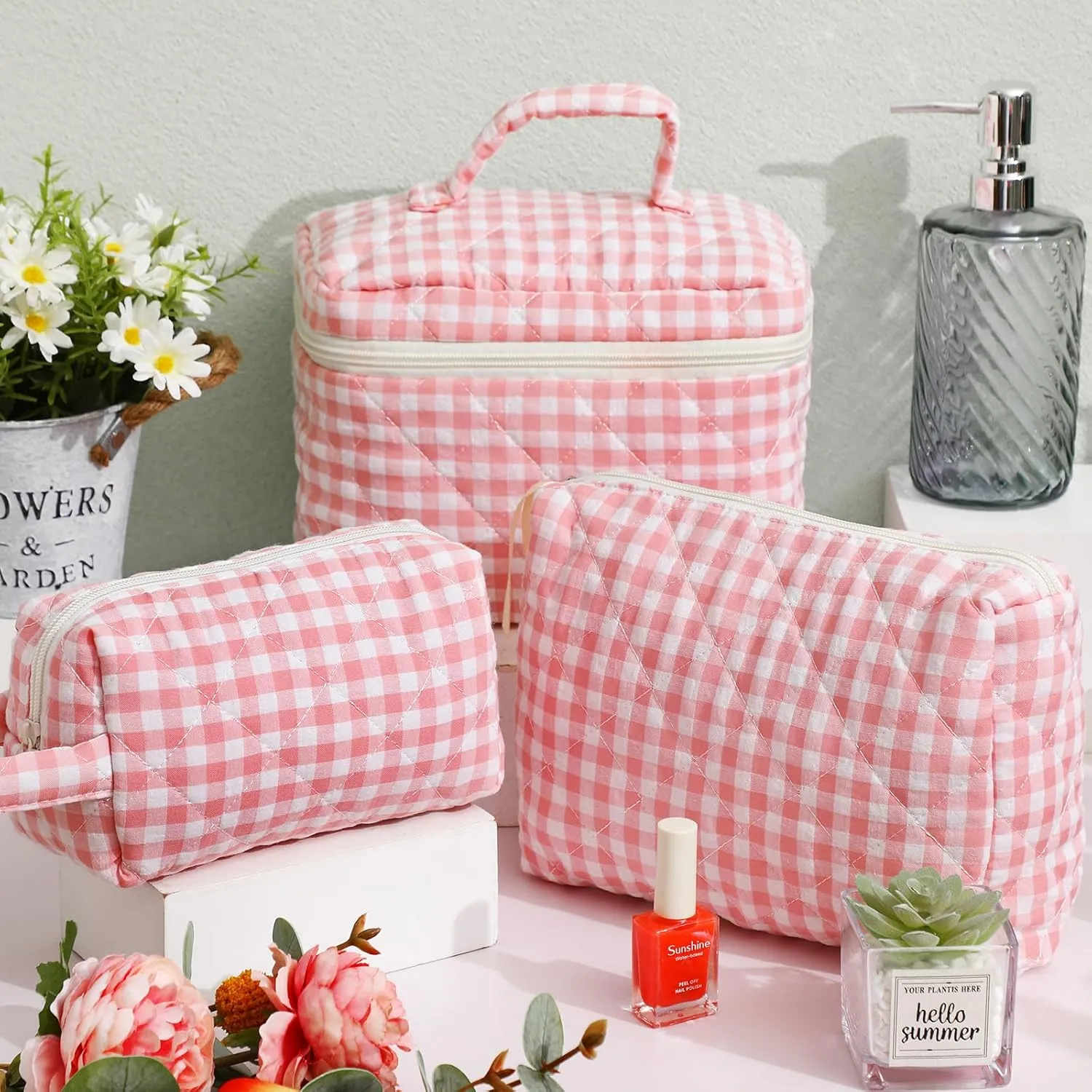 Paterr 3 Pieces Cotton Quilted Makeup Bag Set Coquette Cosmetic Bag Aesthetic Travel Toiletry pouch Cute Pouch Kawaii Aesthetic for Women(Pink,Pink Plaid)