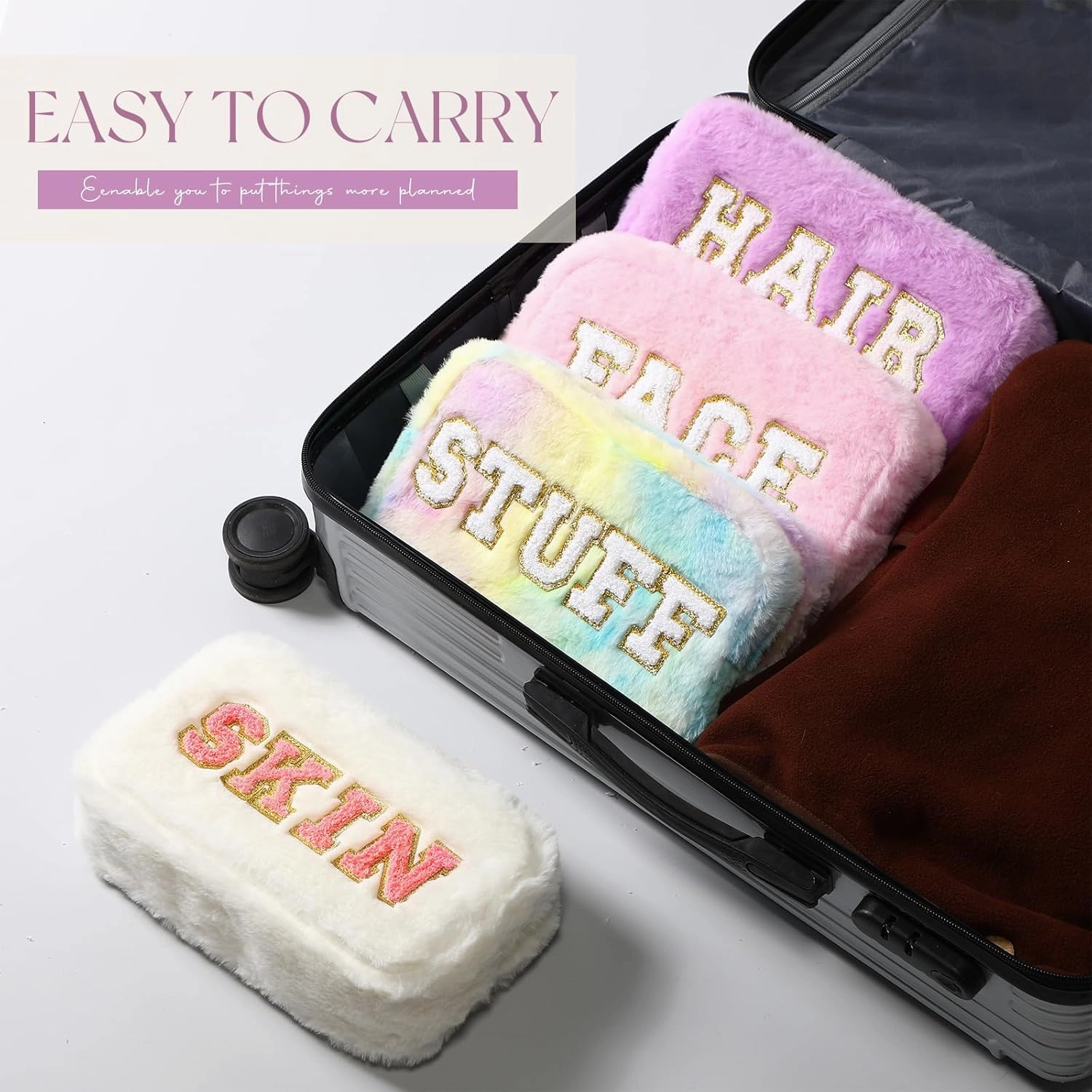 Paterr 4 Pieces Chenille Letter Preppy Patches Makeup Bag Plush Fuzzy Cosmetic Hair Face Skin Toiletry Travel Bag Pouch with Zipper Preppy Stuff for Girls Women(Fancy Color)