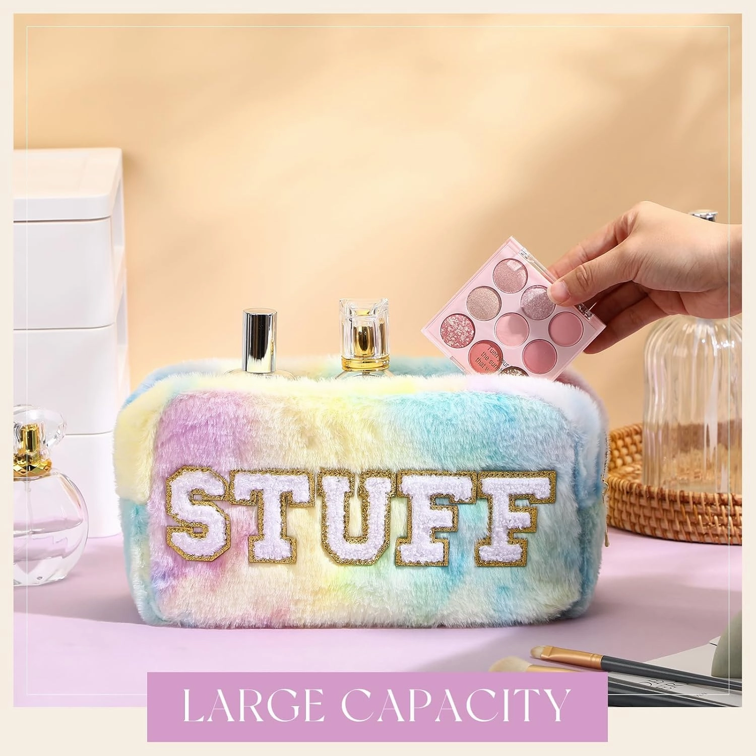 Paterr 4 Pieces Chenille Letter Preppy Patches Makeup Bag Plush Fuzzy Cosmetic Hair Face Skin Toiletry Travel Bag Pouch with Zipper Preppy Stuff for Girls Women(Fancy Color)