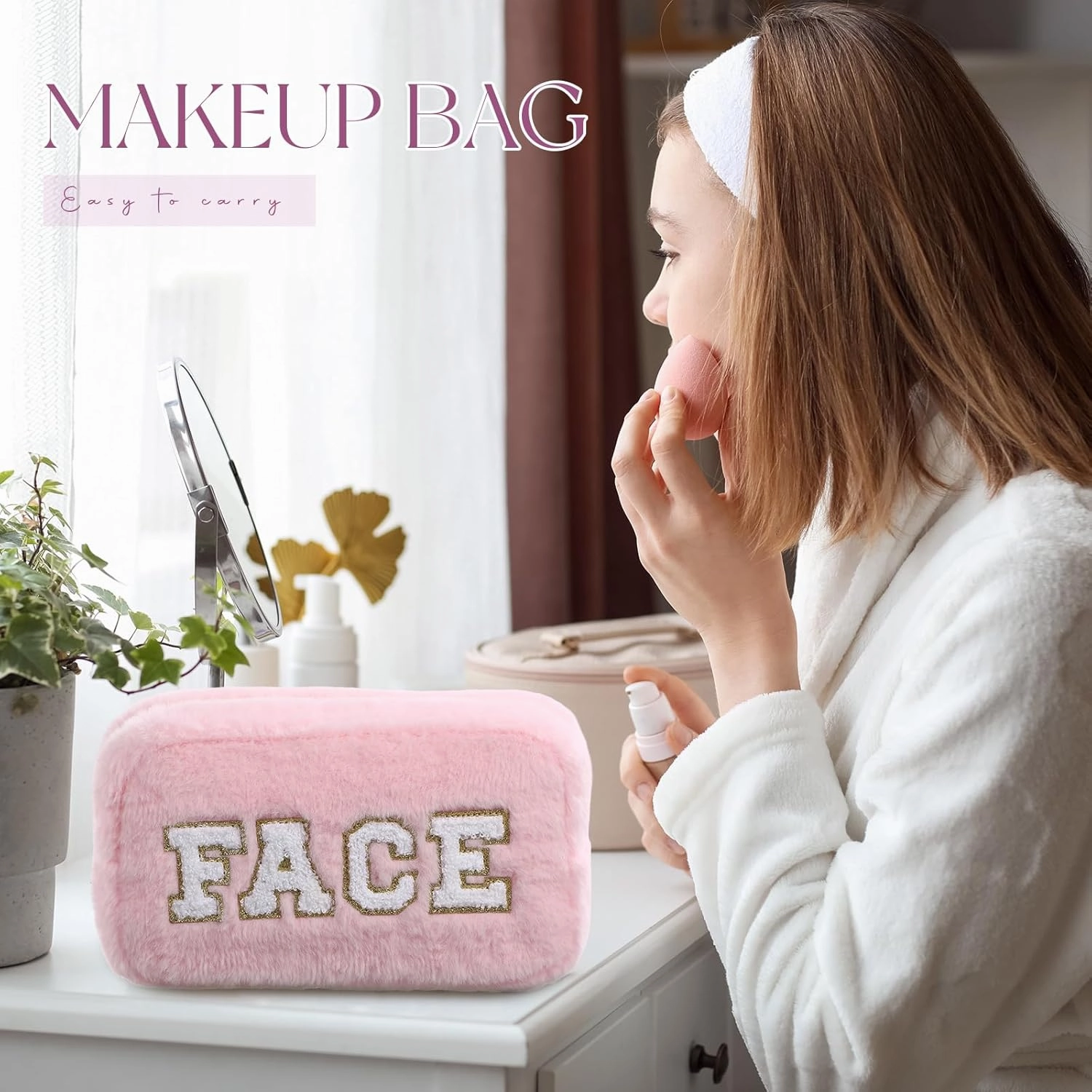 Paterr 4 Pieces Chenille Letter Preppy Patches Makeup Bag Plush Fuzzy Cosmetic Hair Face Skin Toiletry Travel Bag Pouch with Zipper Preppy Stuff for Girls Women(Fancy Color)