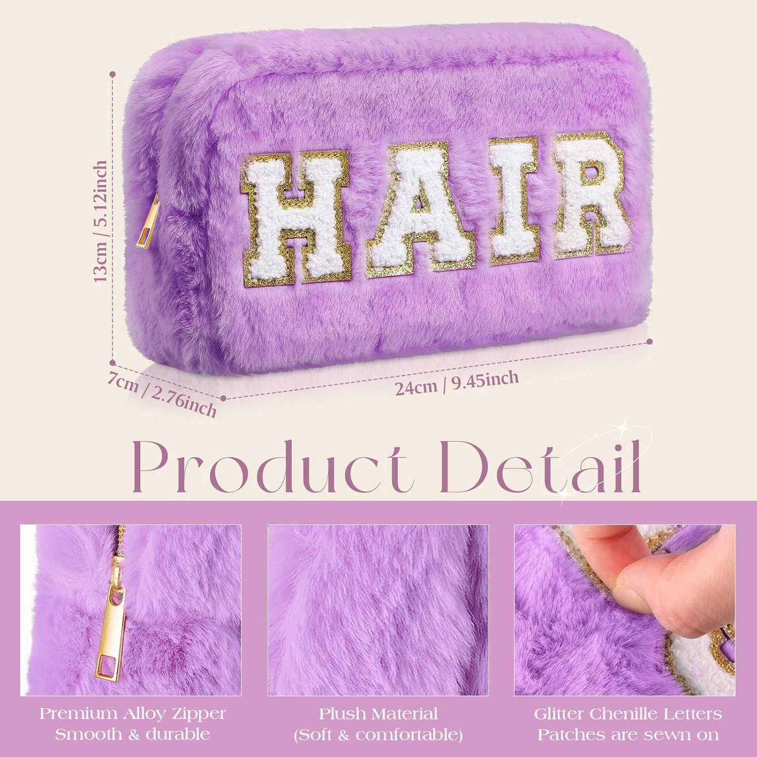 Paterr 4 Pieces Chenille Letter Preppy Patches Makeup Bag Plush Fuzzy Cosmetic Hair Face Skin Toiletry Travel Bag Pouch with Zipper Preppy Stuff for Girls Women(Fancy Color)