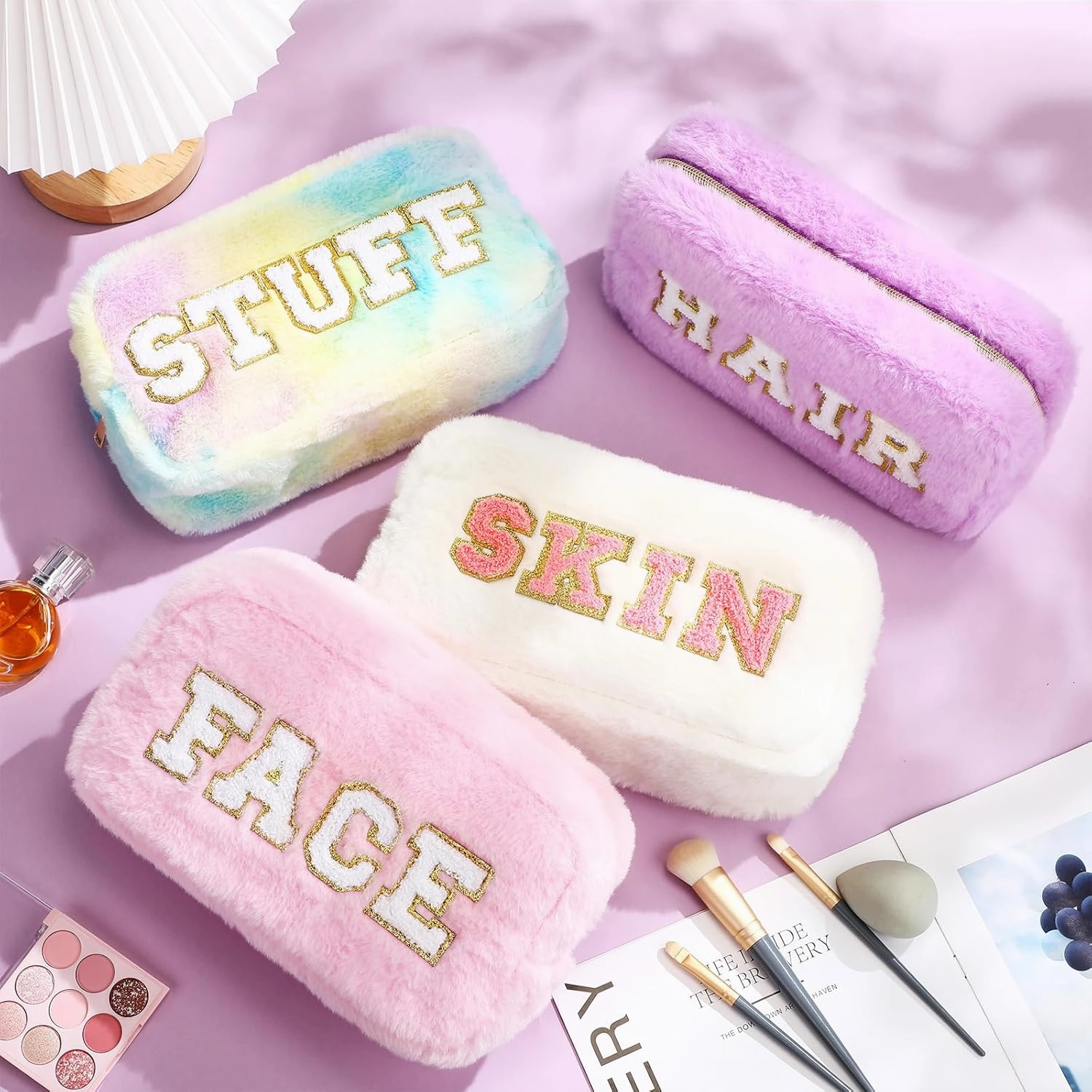 Paterr 4 Pieces Chenille Letter Preppy Patches Makeup Bag Plush Fuzzy Cosmetic Hair Face Skin Toiletry Travel Bag Pouch with Zipper Preppy Stuff for Girls Women(Fancy Color)