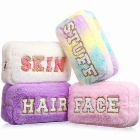 Paterr 4 Pieces Chenille Letter Preppy Patches Makeup Bag Plush Fuzzy Cosmetic Hair Face Skin Toiletry Travel Bag Pouch with Zipper Preppy Stuff for Girls Women(Fancy Color)