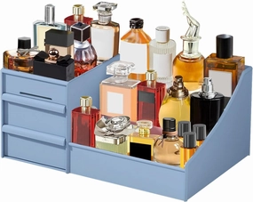 Perfume Organizer for Women, Makeup Organizer with Drawers, Vanity Display for Dresser, Skincare & Cosmetic Storage, Bathroom Counter Organizer, Gifts for Her (Blue)