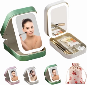 Periodicali Travel Makeup Mirror, Periodicali Travel Makeup Bag with LED mirror, Portable Cosmetic Storage Box, 3 Color Lightings, Adjustabls Brightness (Green White)