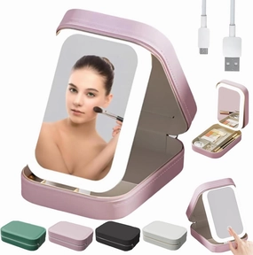 Periodicali Travel Makeup Mirror, Portable Foldable Periodicali Makeup Mirror with Storage, Periodicali Make up Mirror and Bag with 3 Color Lightings, for Travel, Business