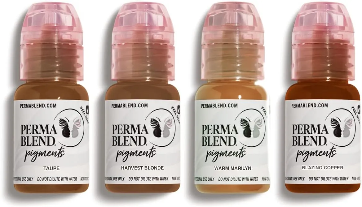 Perma Blend - Eyebrow Light Pigments Tattoo Kit - Microblading Ink - Professional Tattoo Ink - Copper Modifier, Taupe, Brunette & Blackish Brown Tattoo Ink (0.5 oz Each, 4 Products)
