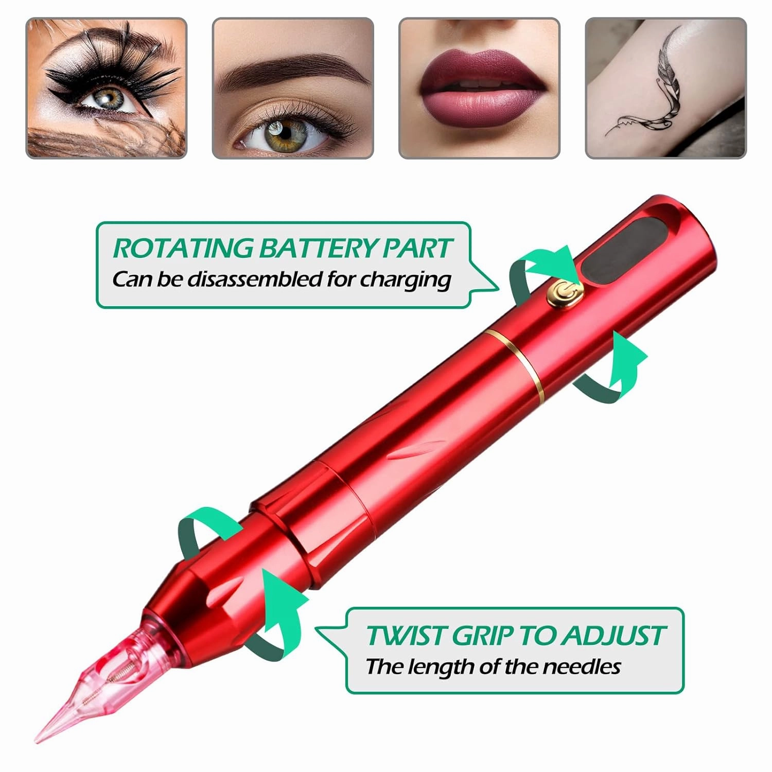 Permanent Makeup Machine Tattoo Eyebrow Pen Makeup Rotary Machine Pen with 2 Battery 5pcs Cartridge Needles for Eyebrows,Eyeliners, Lips and Mts (Red) EK15-2-US
