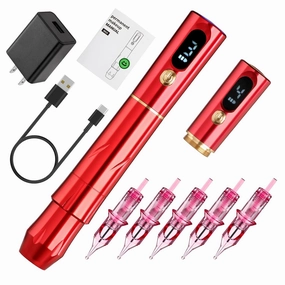 Permanent Makeup Machine Tattoo Eyebrow Pen Makeup Rotary Machine Pen with 2 Battery 5pcs Cartridge Needles for Eyebrows,Eyeliners, Lips and Mts (Red) EK15-2-US