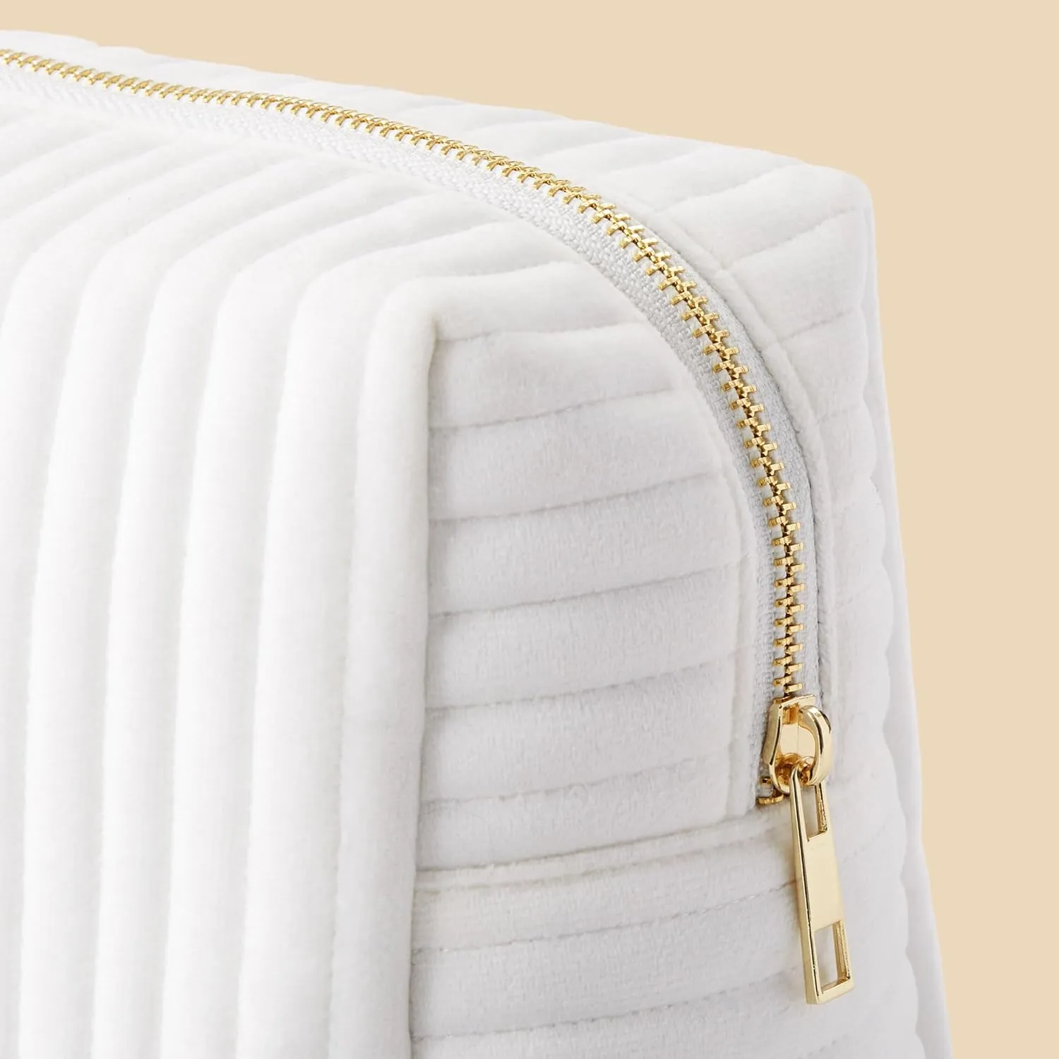 Personalization Universe Classic Velvet Personalized Makeup Bag - Embroidered Custom Name - Travel Essentials Cosmetic Bag - Gold Zipper - Waterproof Lining, 8.7" L x 5" W x 6.3" H, Large Ivory