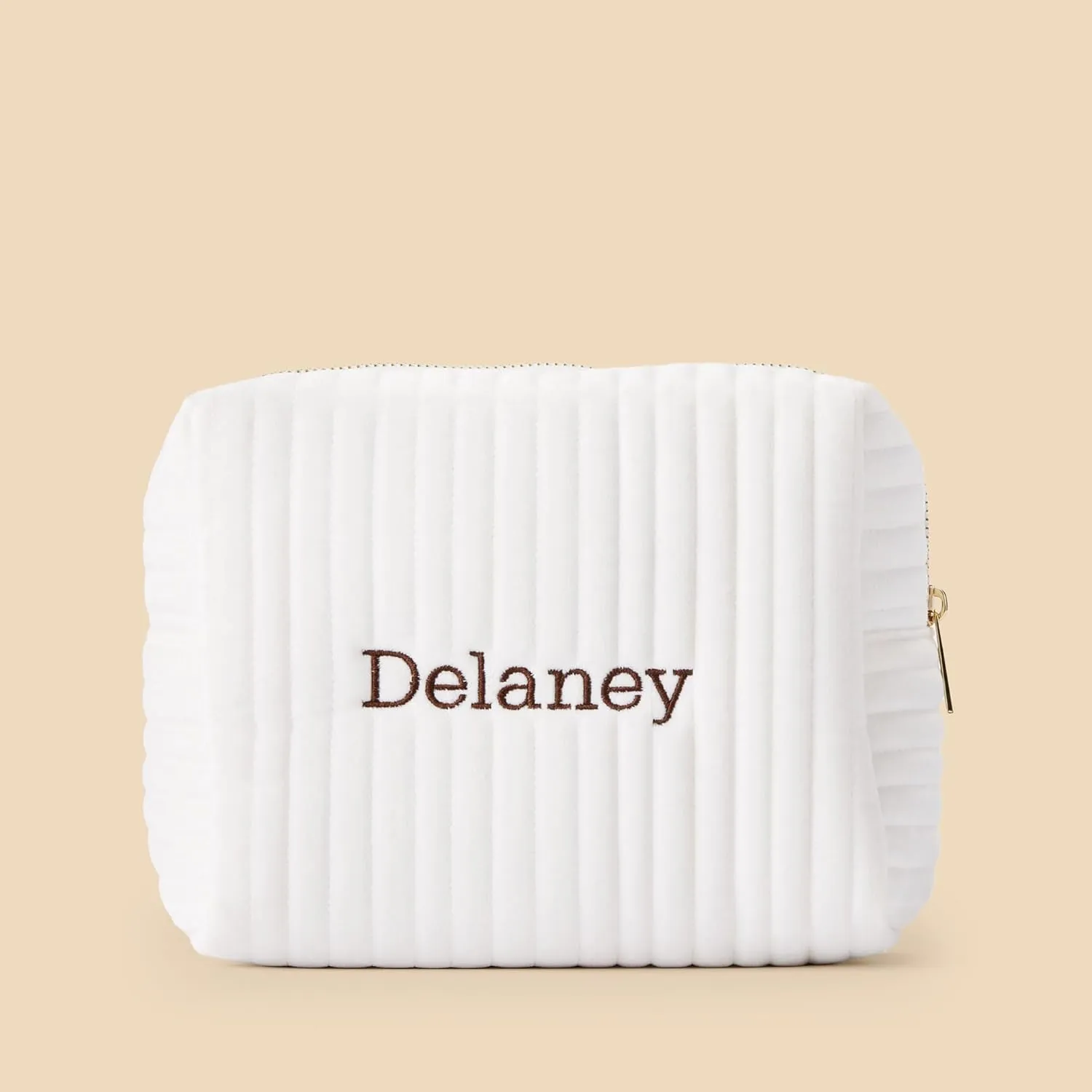 Personalization Universe Classic Velvet Personalized Makeup Bag - Embroidered Custom Name - Travel Essentials Cosmetic Bag - Gold Zipper - Waterproof Lining, 8.7" L x 5" W x 6.3" H, Large Ivory