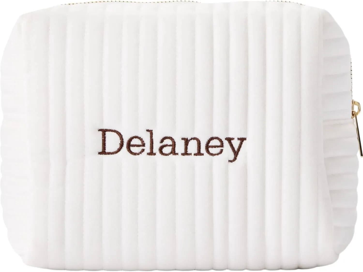 Personalization Universe Classic Velvet Personalized Makeup Bag - Embroidered Custom Name - Travel Essentials Cosmetic Bag - Gold Zipper - Waterproof Lining, 8.7" L x 5" W x 6.3" H, Large Ivory