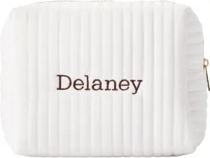 Personalization Universe Classic Velvet Personalized Makeup Bag - Embroidered Custom Name - Travel Essentials Cosmetic Bag - Gold Zipper - Waterproof Lining, 8.7" L x 5" W x 6.3" H, Large Ivory
