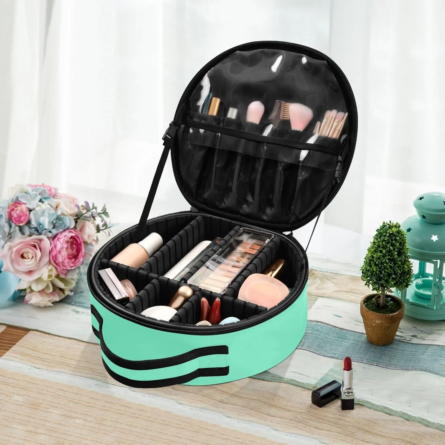 Personalized Makeup Organizer Bag Aquamarine Blue Green Solid Travel Round Cosmetic Bag Portable Storage Case for Women