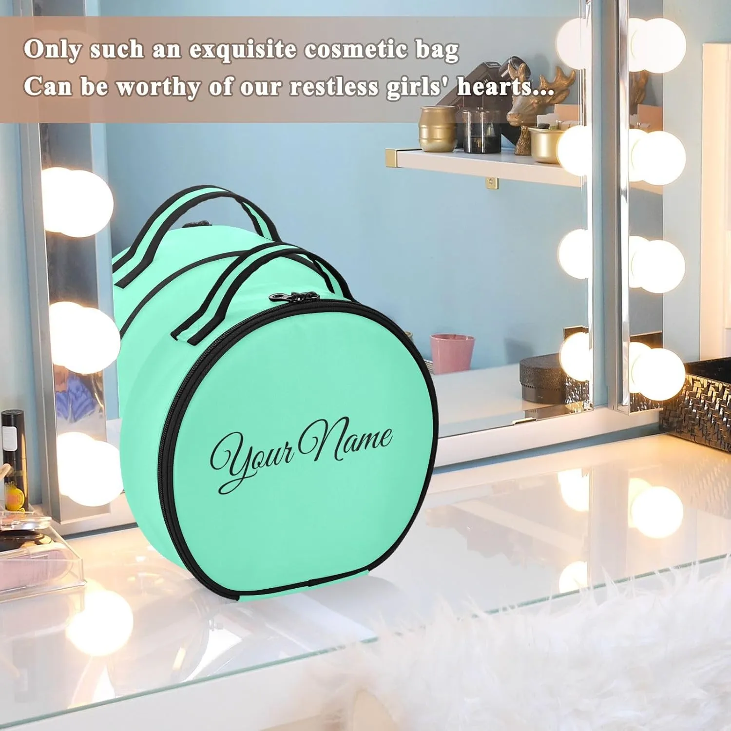 Personalized Makeup Organizer Bag Aquamarine Blue Green Solid Travel Round Cosmetic Bag Portable Storage Case for Women