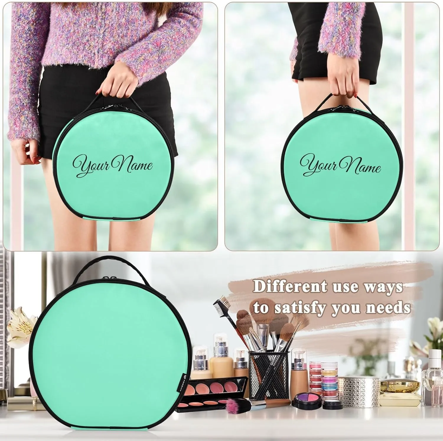 Personalized Makeup Organizer Bag Aquamarine Blue Green Solid Travel Round Cosmetic Bag Portable Storage Case for Women