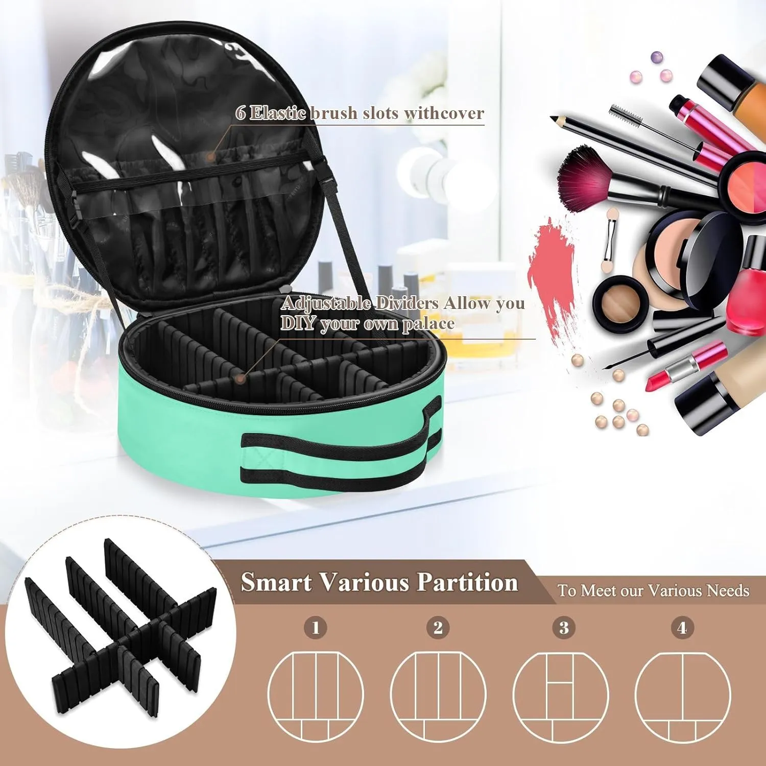 Personalized Makeup Organizer Bag Aquamarine Blue Green Solid Travel Round Cosmetic Bag Portable Storage Case for Women