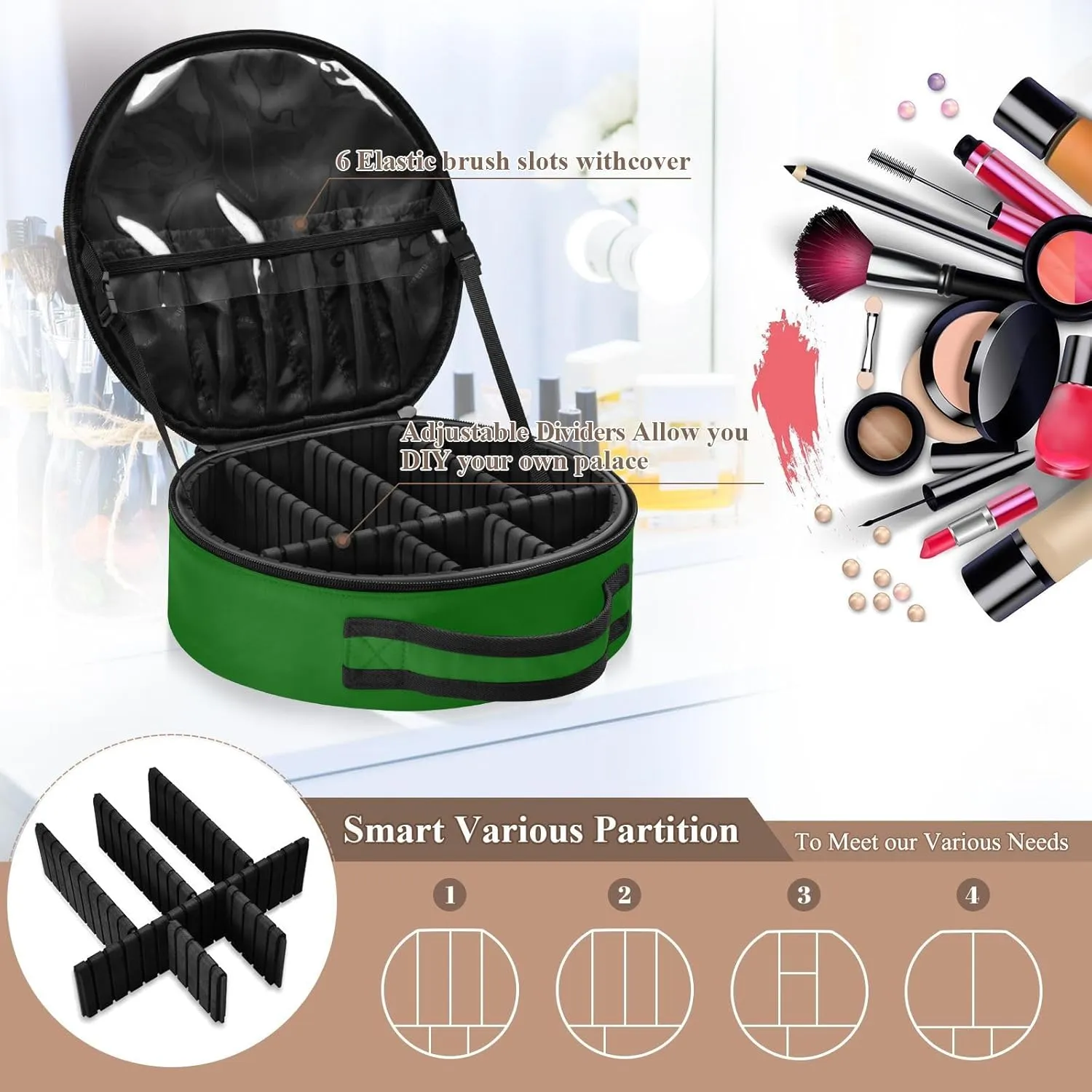 Personalized Makeup Organizer Bag Dark Green Solid Travel Round Cosmetic Bag Portable Storage Case for Women