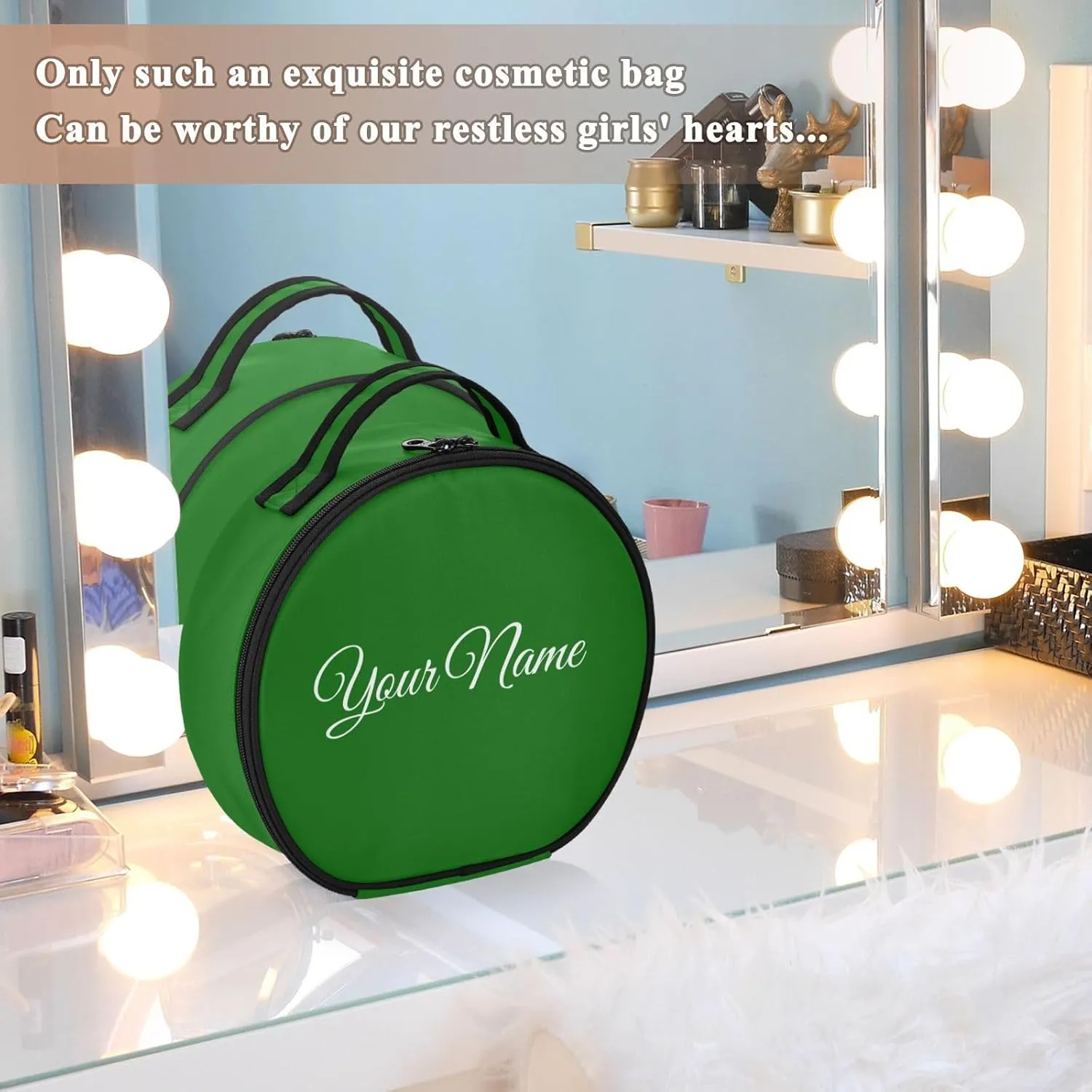 Personalized Makeup Organizer Bag Dark Green Solid Travel Round Cosmetic Bag Portable Storage Case for Women