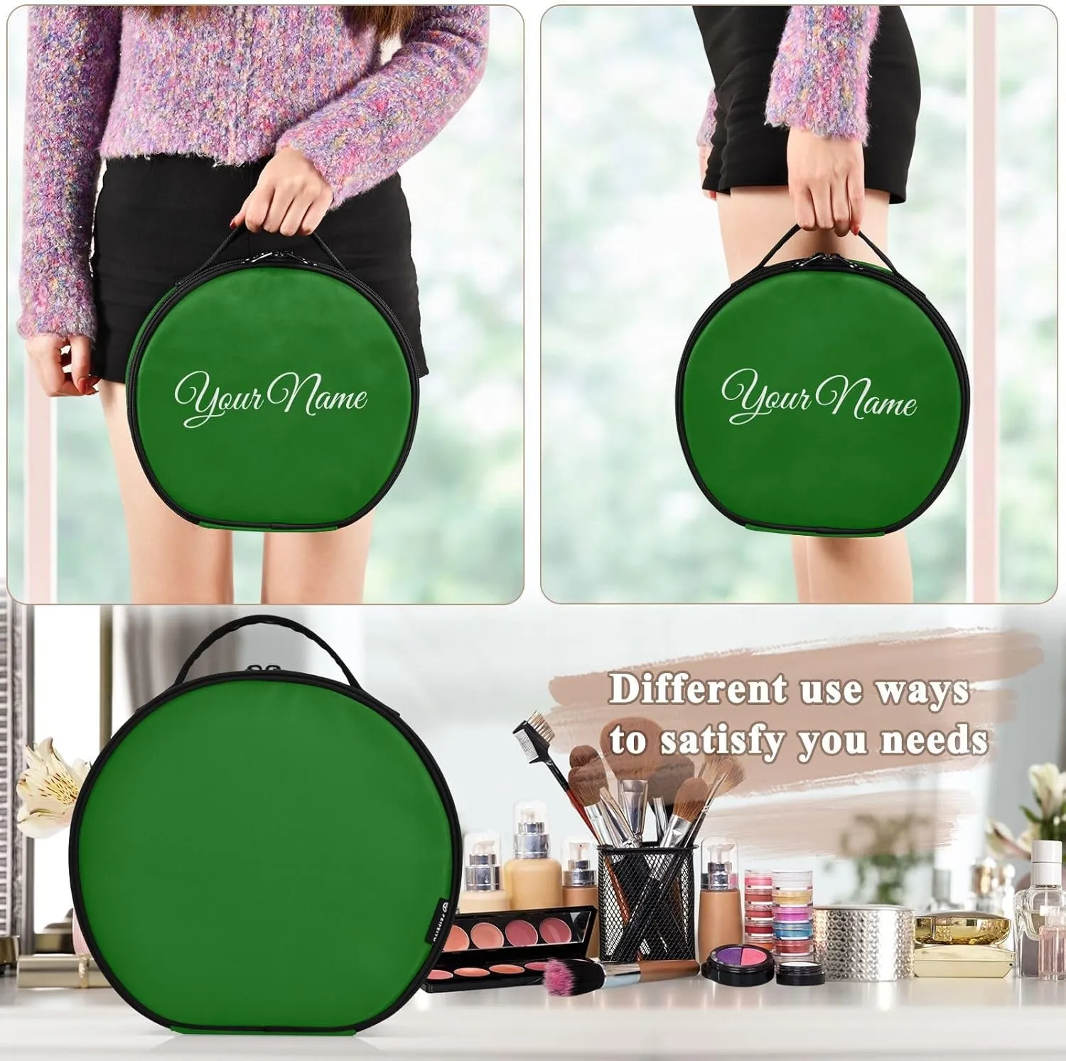 Personalized Makeup Organizer Bag Dark Green Solid Travel Round Cosmetic Bag Portable Storage Case for Women