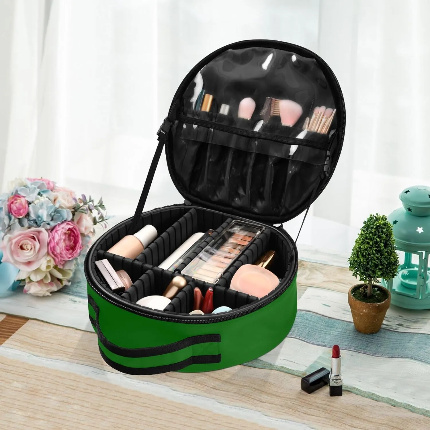 Personalized Makeup Organizer Bag Dark Green Solid Travel Round Cosmetic Bag Portable Storage Case for Women