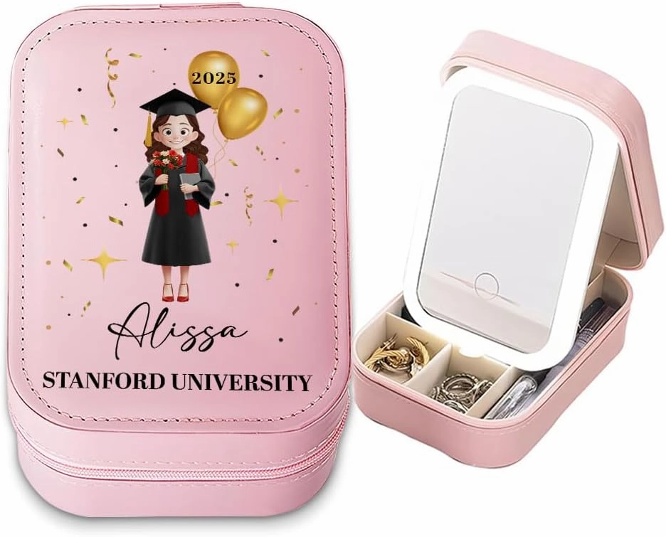Personalized Cartoon Graduate Girl Makeup Box, Class of 2025 Gift for Her, Custom LED Mirror Travel Makeup Organizer, Leather Cosmetic & Jewelry Case, Birthday, Christmas, Gift for Women