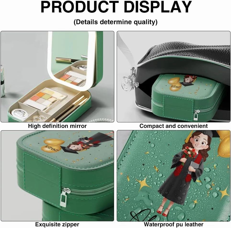 Personalized Cartoon Graduate Girl Makeup Box, Class of 2025 Gift for Her, Custom LED Mirror Travel Makeup Organizer, Leather Cosmetic & Jewelry Case, Birthday, Christmas, Gift for Women
