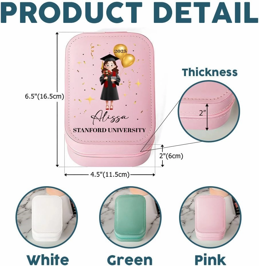 Personalized Cartoon Graduate Girl Makeup Box, Class of 2025 Gift for Her, Custom LED Mirror Travel Makeup Organizer, Leather Cosmetic & Jewelry Case, Birthday, Christmas, Gift for Women