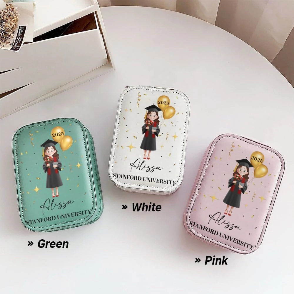 Personalized Cartoon Graduate Girl Makeup Box, Class of 2025 Gift for Her, Custom LED Mirror Travel Makeup Organizer, Leather Cosmetic & Jewelry Case, Birthday, Christmas, Gift for Women